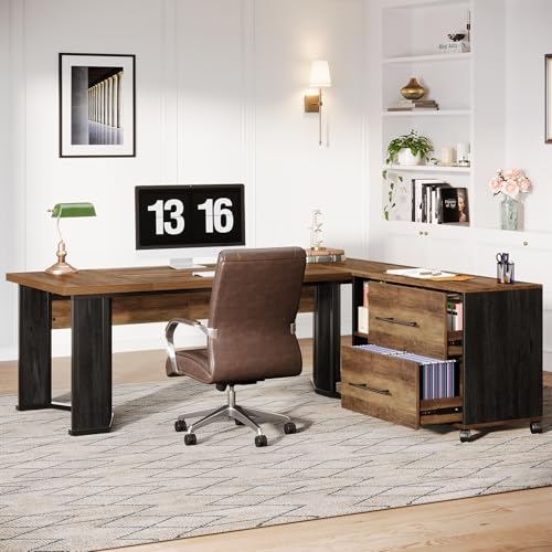 Tribesigns 70.86" Executive Desk with Mobile File Cabinet, Large L Shaped Computer Office Desk with 2 Drawers and Storage Shelves, Business Furniture Desk Workstation for Home Office (Rustic Brown) by Tribesigns - Image 8