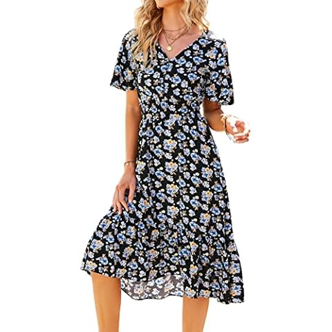 FAIRYMEI Women's Summer Short Sleeve V-Neck Floral Party Midi Maxi Dress (X-Large, Black) Cover