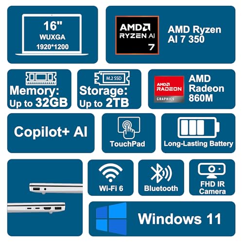 Image of HP OmniBook 5 AI PC Laptop 16 inch WUXGA IPS Touch AMD Octa-core Ryzen AI 7 350 (Up to 50 Tops) 32GB RAM 1TB SSD for Creator Designer Business Professional Backlit IR Camera Win11 ICP Hub