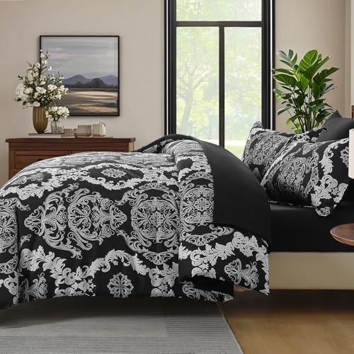 WONGS BEDDING 7 Pieces Comforter Set Queen Size, Black White Texture Bedding Set for All Season, Damask Soft and Breathable Bed in a Bag with Comforter, Flat Sheet, Fitted Sheet, Pillowcases & Shams - Thumbnail 4