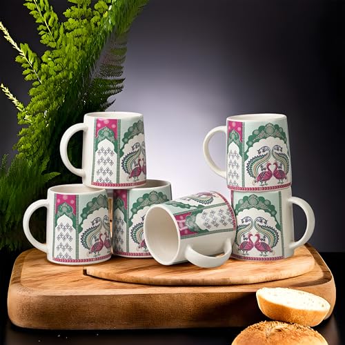 Image of Alive Peacock Art Printed Ceramic Tea /Coffee Mug Set of 6 (300 ml) | Microwave & Dishwasher Safe |Premium Ceramic Mugs for Home, Office & Gifting