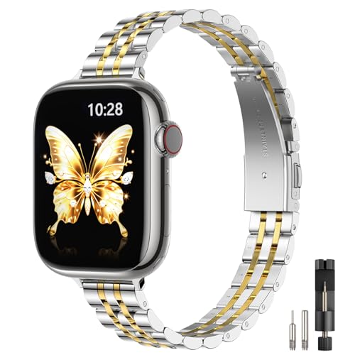 STIROLL Slim Metal Band Compatible with Apple Watch 41mm 40mm 38mm 42mm(Series 11 10) Women Stylish Thin Stainless Steel Chain Straps for iWatch Bands Series 9 8 7 6 5 4 3 2 1 SE Silver Gold
