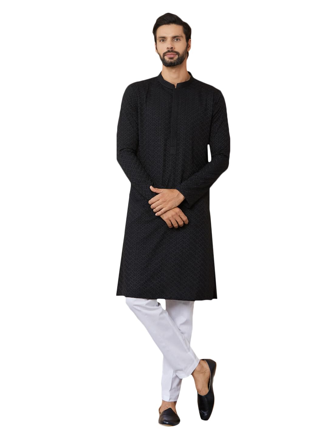 See Designs Men's Long Sleeve Mandarin Collar Side Slit Black Embroidered Chikankari Rayon Straight Kurta - Sdkt2565L