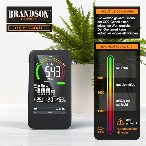 Brandson - CO2 Melder Messgerät – Kohlendioxidmessung PPM – CO2 Melder mit Akku 2000 mAh – Alarm – Wecker mit Schlummerfunktion – Temperatur Uhrzeit Luftfeuchtigkeit – schwarz