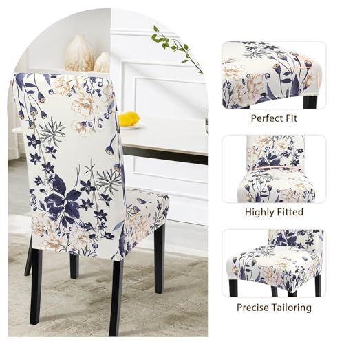 Image of SearchI Printed Dining Room Chair Covers Set of 4, Stretch Kitchen Chair Covers Washable Parsons Chair Slipcover Removable Dining Chair Protectors for Hotel,Ceremony(Blue Flowers)