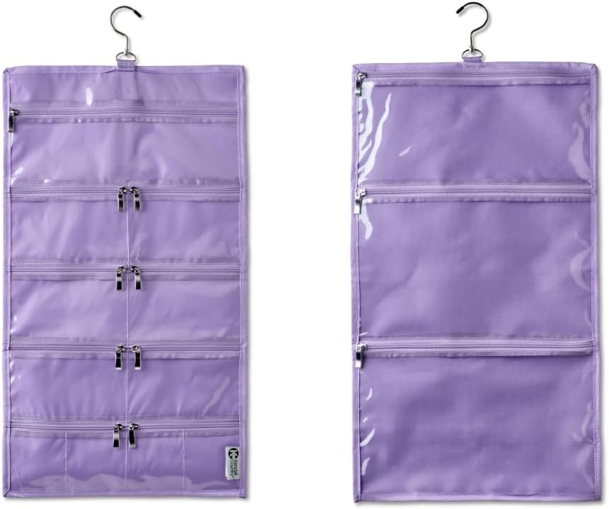 On-The-Go Organizer, 14 Clear Vinyl Pockets, Hanging Travel Case for Makeup and Accessories, 13.5 x 24 inches (Lilac, Large)