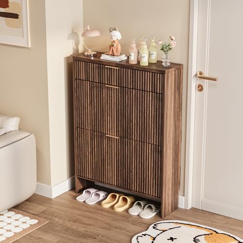 Image of Fluted Shoe Cabinet Storage with 2 Flip Drawers & 1 Drawers, Wood Narrow Hidden Shoe Cabinet for Entryway, Freestanding Slim Shoe Rack Organizer for Foyer Hallway Living Room(Walnut)