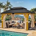 YITAHOME 11X13FT Wood Outdoor Gazebo Wooden Hardtop Gazebo Double Roof Hardtop Galvanized Steel Top Canopy w/Curtain and Netting, Patio Heavy Duty for Deck, Backyard, Golden