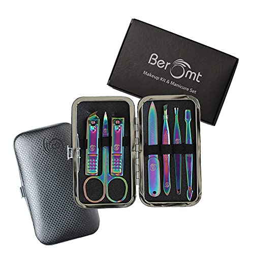 Image of Beromt 7 IN 1 Manicure Set Pedicure Stainless Steel Proffesional Nail Cutter Nail Scissors Grooming Kit with Nail Cleaning Knife, Plucker, Scissor and Nail Tools With Leather Travel Case- 03 Rainbow