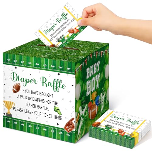 Teling 51 Pieces Diaper Raffle Tickets with Card Baby Shower Decorations Gender Reveal Holder Box for Girl Boy Diaper Raffle Party (Football Touch Down It's A Boy)