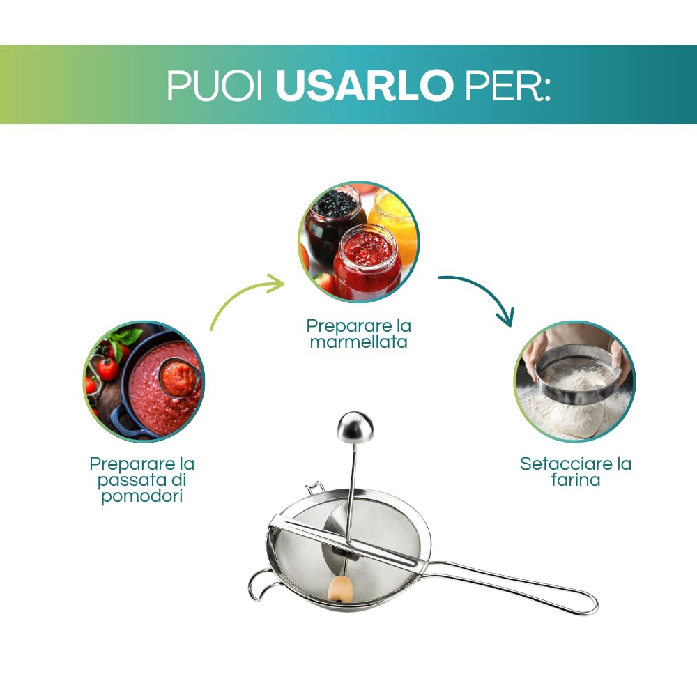 Paluplus Passaverdure Manuale in Acciaio Inox, Diametro 20 Cm, Passacolino con Pestello in Legno, per marmellate, salse, frutta, verdura, legumi e per setacciare farine, Made in Italy -400C-0,75
