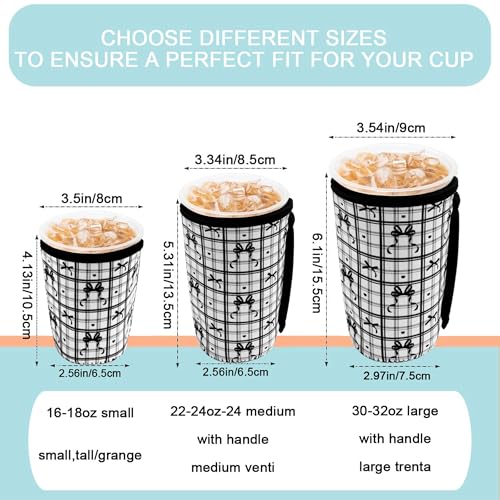 Image of KJQJLY 3 Pack Reusable Iced Coffee Sleeves for Iced Coffee Cups or Drinks Reusable Neoprene Insulated Sleeves for Hot and Cold Drinks from Starbucks, Dunkin, And More (Black Bow)