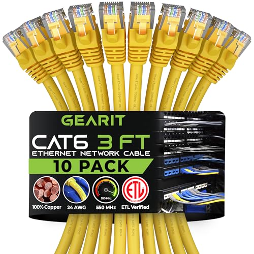 GearIT Cat 6 Ethernet Cable (10-Pack 3 Feet) Cat6 Network Patch, 10Gbps, RJ45, Snagless Cord, Gold-Plated Connectors, Internet for PC, TV, Tablet, Router, Printer, Servers, IT Data Center - Yellow