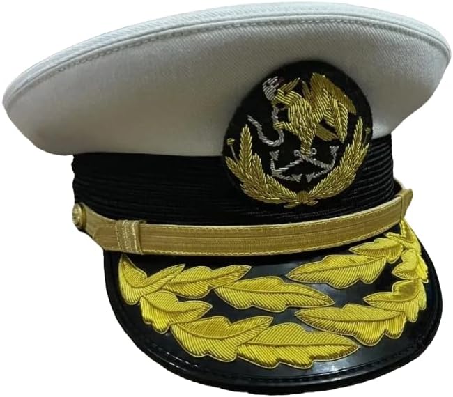 Premium Mexican Navy Admiral Officer Cap, White and Black Military Hat with Gold Embroidered Anchor Emblem and Oak Leaf Visor