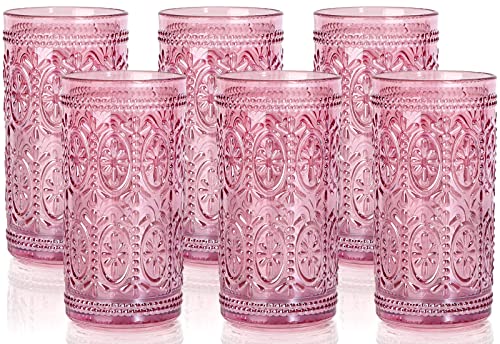 Darlion Pink Glass Cups, Pink Glasses Drinking, 12oz Highball Embossed Glass Cup, Vintage Drinking Glasses, Colored Water Glasses for Party Wedding Home Gift