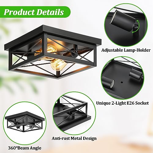 Kondras 2-Light Industrial Square Flush Mount Ceiling Light, Farmhouse Ceiling Light Fixture for Kitchen, Modern Black Close to Ceiling Light for Hallway Bedroom Balcony Porch Stairway, E26, 2-Pack - Image 4