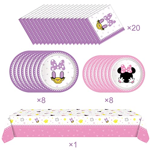 Party Cutlery Set For Minnie Mouse,16 Pcs Paper Plates (8Pcs 9 Inch And 8Pcs 7Inch)-20 Napkin And Table Cloth 86” X 52”,Girl Minnie Birthday Party Decorate Supplies #TOP3