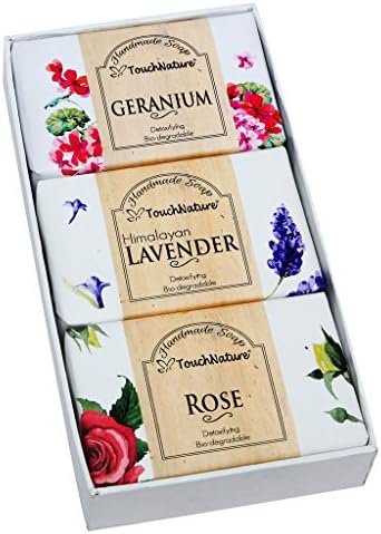 Touch Nature Flower Basket Handmade Cold Process Soap Gift Set.(Rose, Lavender, Geranium). 3pc 100g.