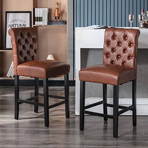 Bar Stools Set of 2, 26 inch Faux Leather Counter Height Barstools Modern Upholstered Kitchen Island Wood Bar Chairs for Home Pub/Bistro/Coffee House, Black