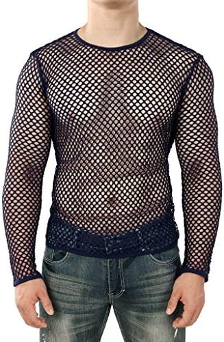 Men's Sexy Mesh Fishnet Fitted Top Long Sleeve Casual Transparent Shirt Tees Blouse (S, Navy)