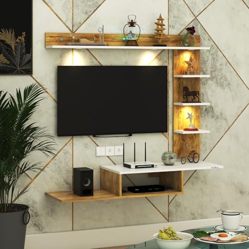 Image of Anikaa Wintor Engineered Wood Wall Mounted TV Unit with 4 LED Lights, 3 Open Shelves,1 Storage Box & Decorative Display Shelf for Living Room | Ideal for Upto 43 Inch TV- Gaintwood /White(DIY Assembly)