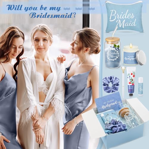 Meanplan 14 Pcs Bridesmaid Proposal Gifts Set, Will You Be My Bridesmaid Gifts with Proposal Box Glass Cup Makeup Bag Cards Lip Balm Hand Cream Candle Scrunchie Bracelet Diamond Pen for Wedding(Blue)4