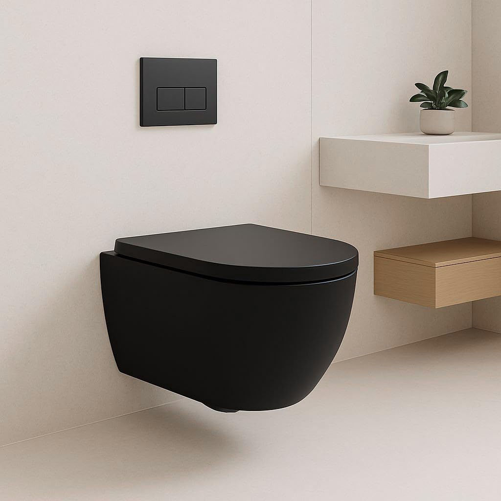 Soho Whirlflush Hänge-WC in Schwarz Matt | Toilette für Gäste-WC | Tornado-Spültechnik & Nano-Beschichtung für Top-Hygiene | Spülrandlos, Geräuscharm | Mit SoftClose-Sitz aus Duroplast