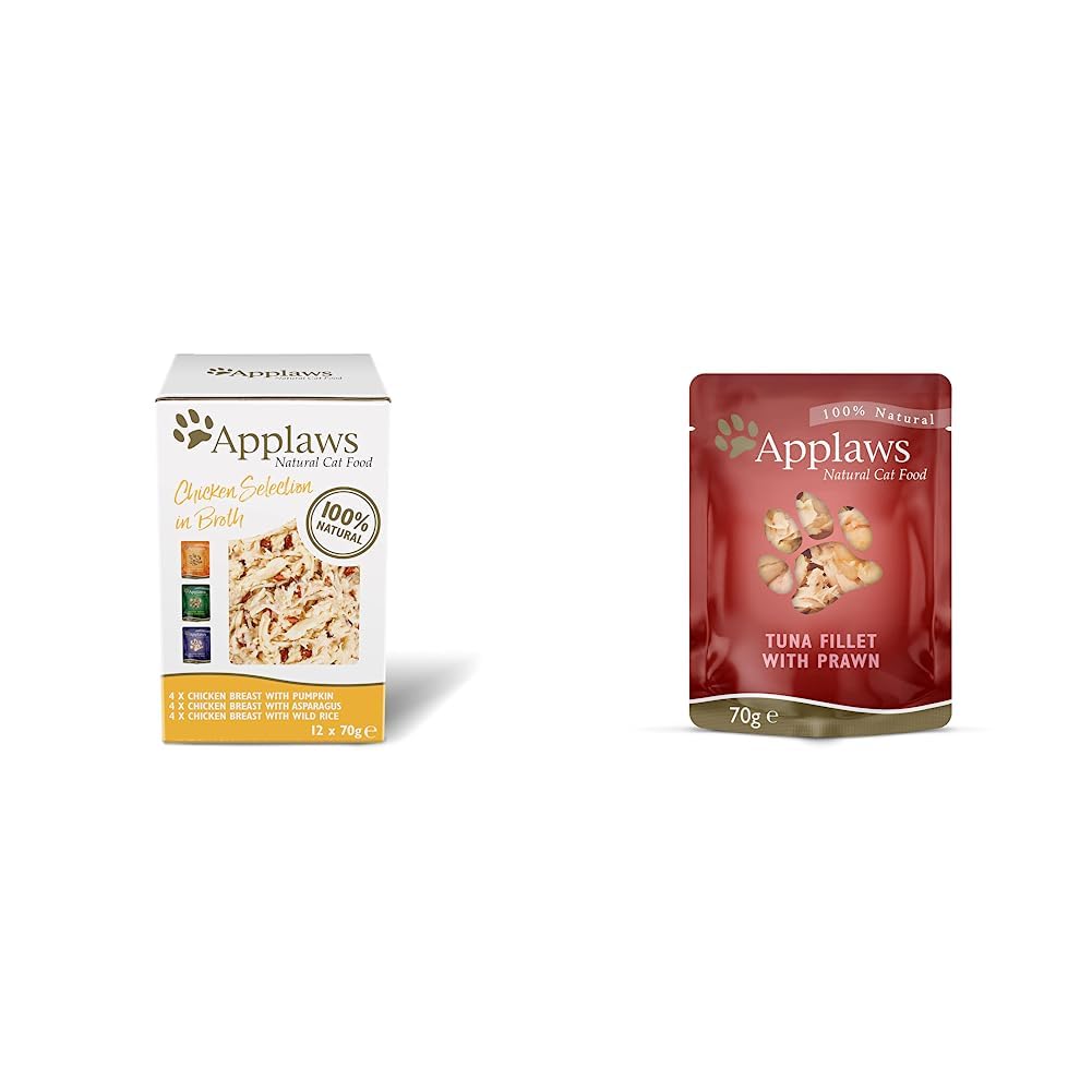 Bundle of Applaws Comida Húmeda para Gatos 100% Natural de Pechuga de Pollo- 12 Sobres de 70g + Atún y Langostinos del Pacífico en Caldo - 12 Sachets de 70g