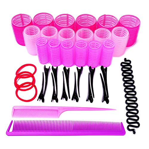 FROZZKY Self Grip Velcro Rollers - Set 37 PCs - 18 Hair Curlers, 12 Duck Bill Clips, 2 Combs, 1 French Braiding Tool, 4 Bands for Long, Thick, Thin, Fine, Short Hair