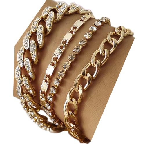 Kercisbeauty 4pcs Tennis Miami Cuban Link Chain Bracelet Set for Women Rhinestones Chain Bracelet Party Boho Dainty Jewelry (Gold)