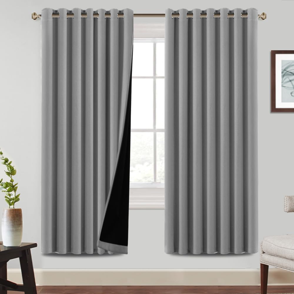 BellaHills 100% Blackout Curtains for Bedroom Thermal Insulated Blackout Curtains Heat and Full Light Blocking Eyelet Curtains for Living Room with Black Liner 2 Panels