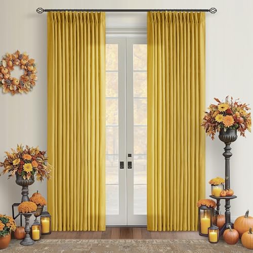Image of Pinch Pleated Mustard Yellow Linen Curtains 84 Inches Long 2 Panels Set | 400GSM Fabric, for Living Room, Pinch Pleat Back Tab, Light Filtering Semi Sheer, Farmhouse Boho, Gold Yellow Spring Decor