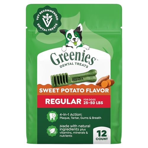 Image of Greenies Regular Natural Dental Dog Treats, Sweet Potato Flavor, 12 Count | Veterinarian-recommended, cleaner teeth after 28 days, freshens breath, for dogs 25-50 lbs, 12 oz. Pack