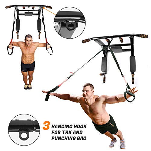 Odoland Wall Mounted Pull Up Bar and Dip Station, Chin Up Bar Dip Stands Compact Power Tower Set for Indoor Home Gym Workout, Multifunctional Fitness Training Equipment Supports to 440 Lbs