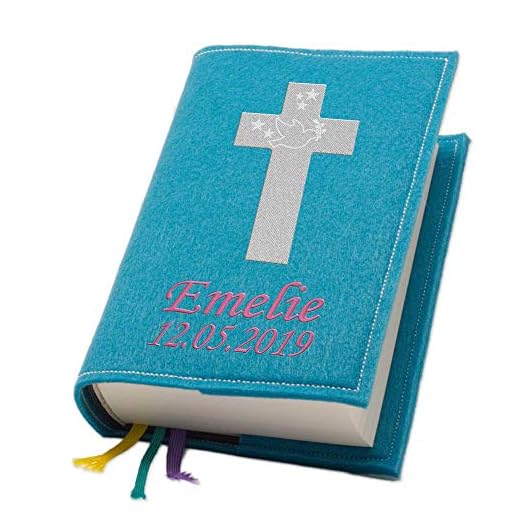 Evangelische Gesangbuchhülle Gesangbuch Kreuz 1 silber Filz mit Namen bestickt mittlere Ausgabe, Farbe:türkis