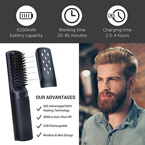 Ihhair Premium Beard Mini Straightener Brush, Professional Straightener Brush For Men, Rechargeable 5200 Mah Straightening Tool Heated Comb, For Short & Long Beards For Home And Travel #TOP2