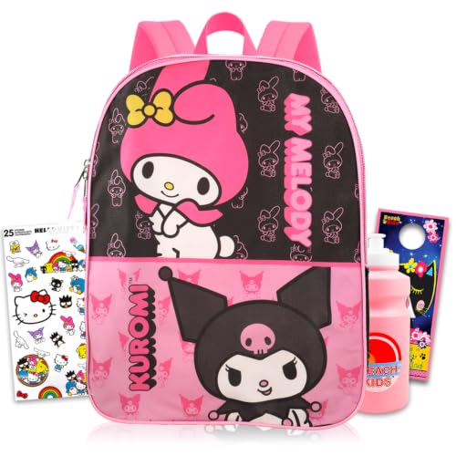 Mochila escolar My Melody para escola – Pacote com mochila escolar My Melody e Kuromi de 40 cm com bolso frontal e adesivos, garrafa de água, mais | Mochila Kuromi para meninas, Multicor, My Melody