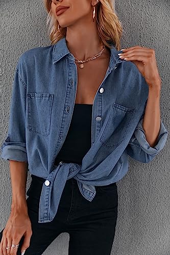 Women's Casual Button Down Denim Shirt Long Sleeve Boyfriend Oversized Jean Jacket with Pockets2