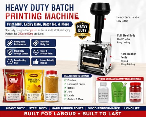 Image of ASPL 2mm Batch Printing Stamp Machine | Manual Date, Batch No., MRP & Expiry Printing Stamp for Pouches, Bags & Labels | Suitable for 50g to 500g Packaging Applications | Made in India