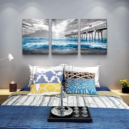 Lapremoly Black And White Beach Wall Paintings Wall Decorations For Living Room Large Canvas Wall Art For Bedroom Office Wall Decor Sea Wave Pictures Prints Artwork Modern Frame Home Decor 3 Piece
