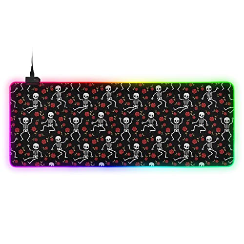 Desktop Mouse Pad, RGB Gaming Mouse Pad Skeleton Fun with Red Roses Gaming Pad for Mouse and Keyboard Large LED Mouse Pad Gaming Light Up, 31.5