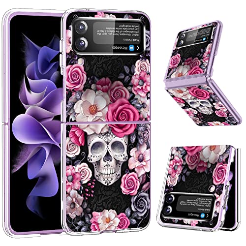 Z Flip 3 5G Rose Case for Samsung Galaxy Z Flip3 5G Phone Case for Women, Cute Skull Flower Design, Slim Flexible Silicone Bumper Shockproof Scratch-Resistant Protective Cover for Z Flip 3 5G (Rose)