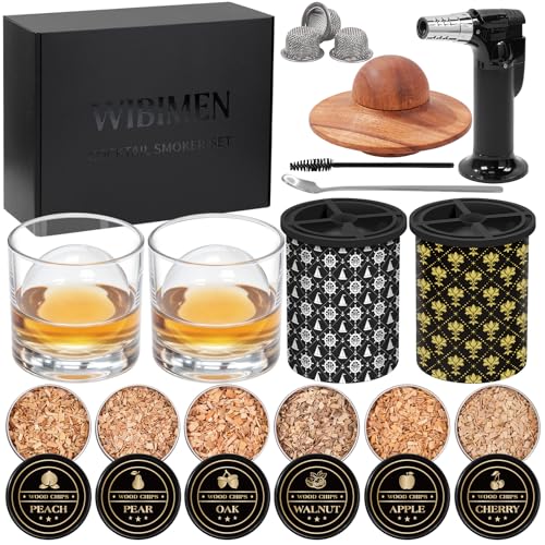 Whiskey Smoker Kit with 2 Clear Ice Maker - Old Fashioned Cocktail, Bourbon Smoker Kit with Torch, 2 Glasses, 6 Flavor Wood Chip - Anniversary/Christmas/Birthday Gifts for Men/Dad/Hasband (No Butane)