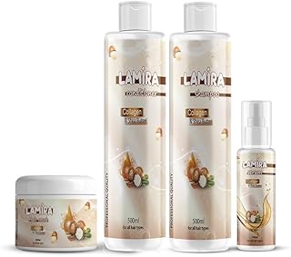 مجموعة الكولاجين للعناية بالشعر من لاميرا – شامبو، بلسم، ماسك الشعر (500 مل) + سيروم (100 مل) – خالي من السلفات والبارابين – لتكثيف الشعر وترطيبه