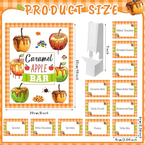 Image of Marspark 14 Pcs Caramel Apple Dipping Bar Station Decorating Set for DIY Candy Apple Corners Fall Dessert Table Sign with Stand and Cards for Fall Autumn Halloween Thanksgiving Table Decorations