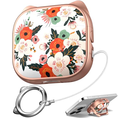 Image of for AirPods 4 Case with Cleaning Kit, Cute Cat Ear Print Design & Cute Buckle, Inverted Phone Holder Design, Top Safe Lock Buckle Design, for Girls AirPods 4 case 2024, Rose Gold Flower
