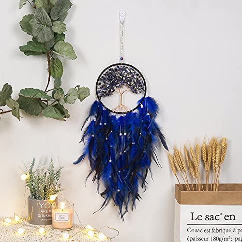 Pretty Jolly Fairy Blue Tree of Life Dream Catcher Wall Decor with Healing Crystal Stone Handmade Feather Dream Catchers Decoration Wall Hanging Bedroom Living Room Wedding Party Home Decor-25.6" - Image 3