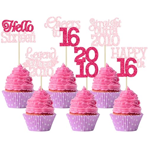 Gyufise 24Pcs Happy 16th Birthday Cupcake Toppers Sweet 16 Legend Since 2010 Cupcake Picks Cheers to 16 Years Cake Decorations for 16th Birthday Anniversary Party Supplies Pink Rose Red