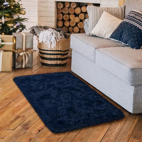 HOMORE Small Rugs for Bedroom 2x3 Feet Blue Rug for Bedroom Bedside Soft Fluffy Area Rugs for Desk Indoor Entrance Door Mat, Small Runner Rugs and Carpets for Dorm Nursery, Navy Blue