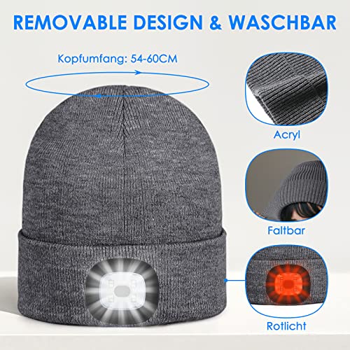 SPGOOD LED Mütze Type-C aufladbar, Geschenk für Winter(2 Lichter Hellgrau) – Ansicht 4